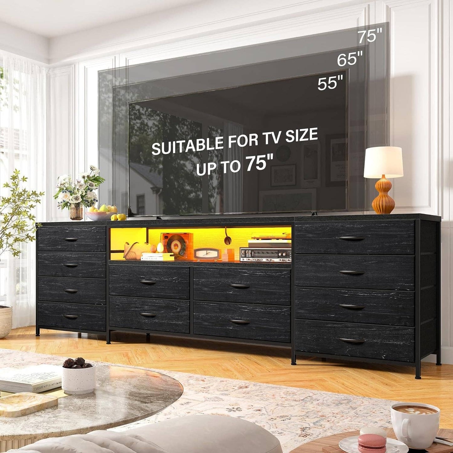 Black Dresser with 75" TV Stand: Black