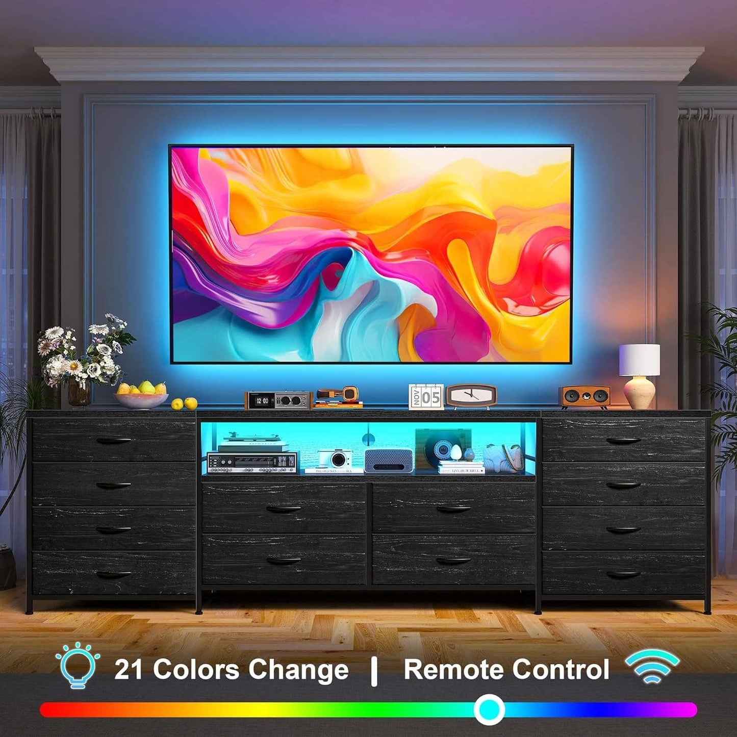 Black Dresser with 75" TV Stand: Black