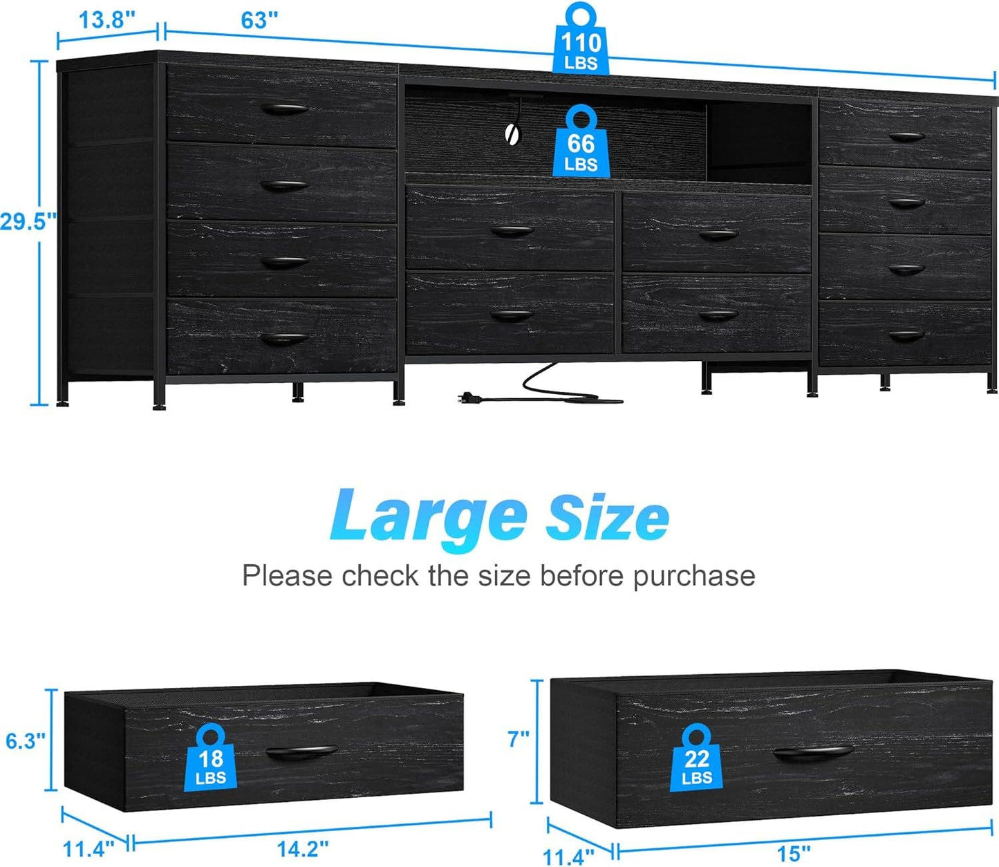 Black Dresser with 75" TV Stand: Black